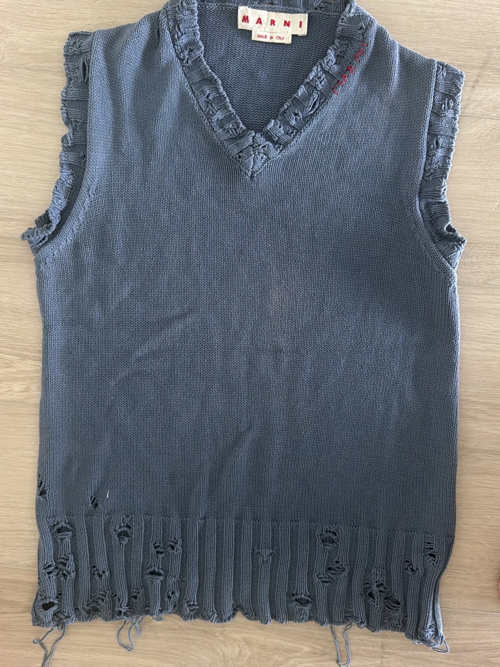 Marni Slate Blue Distressed V-Neck Knit Vest